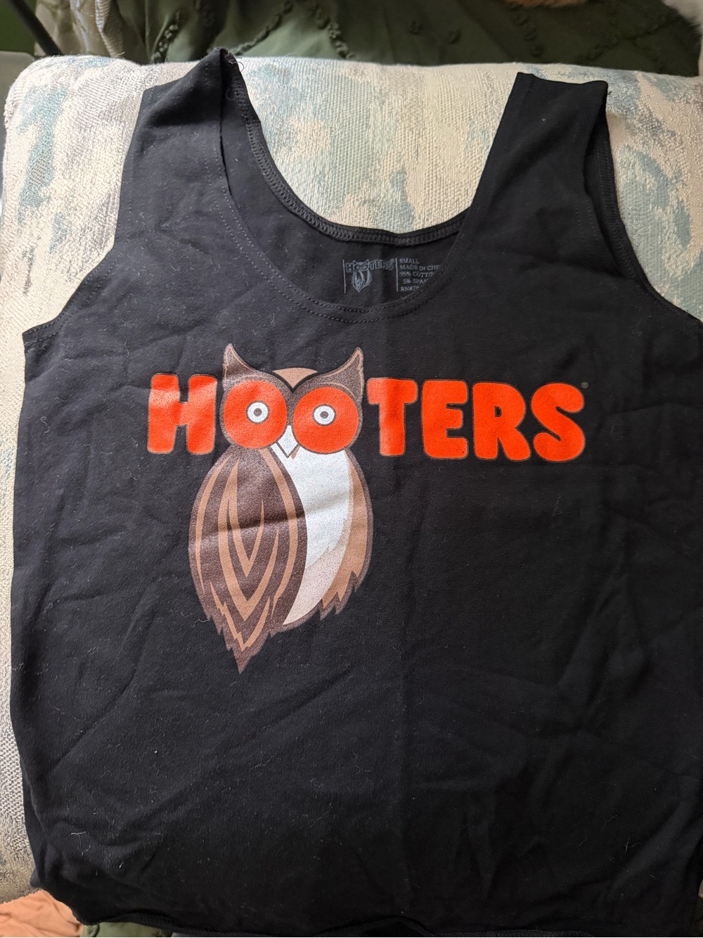 Hooters Black Tank Top with Orange Logo and Brown Owl